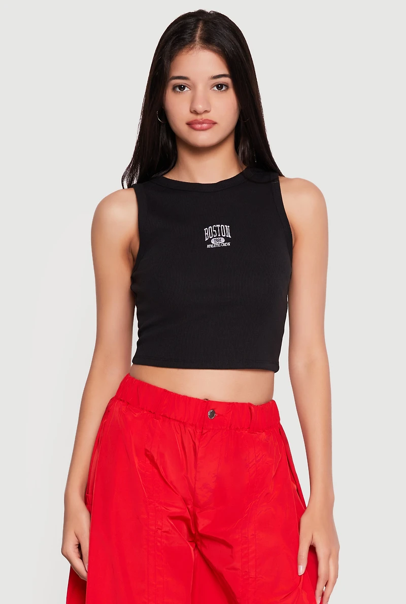 Boston Graphic Rib Knit Crop Tank Top