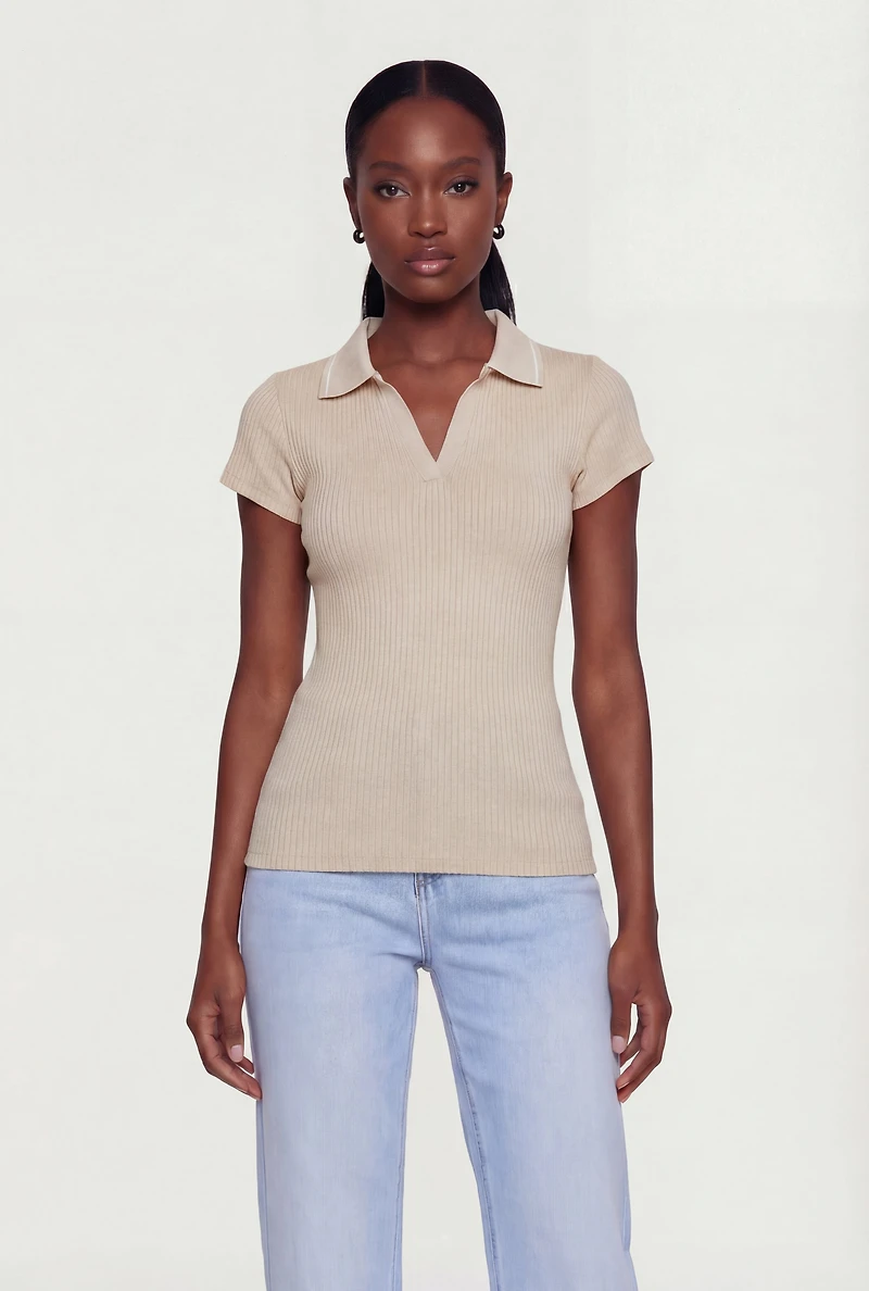 Contrast Trim Rib Knit Polo Top