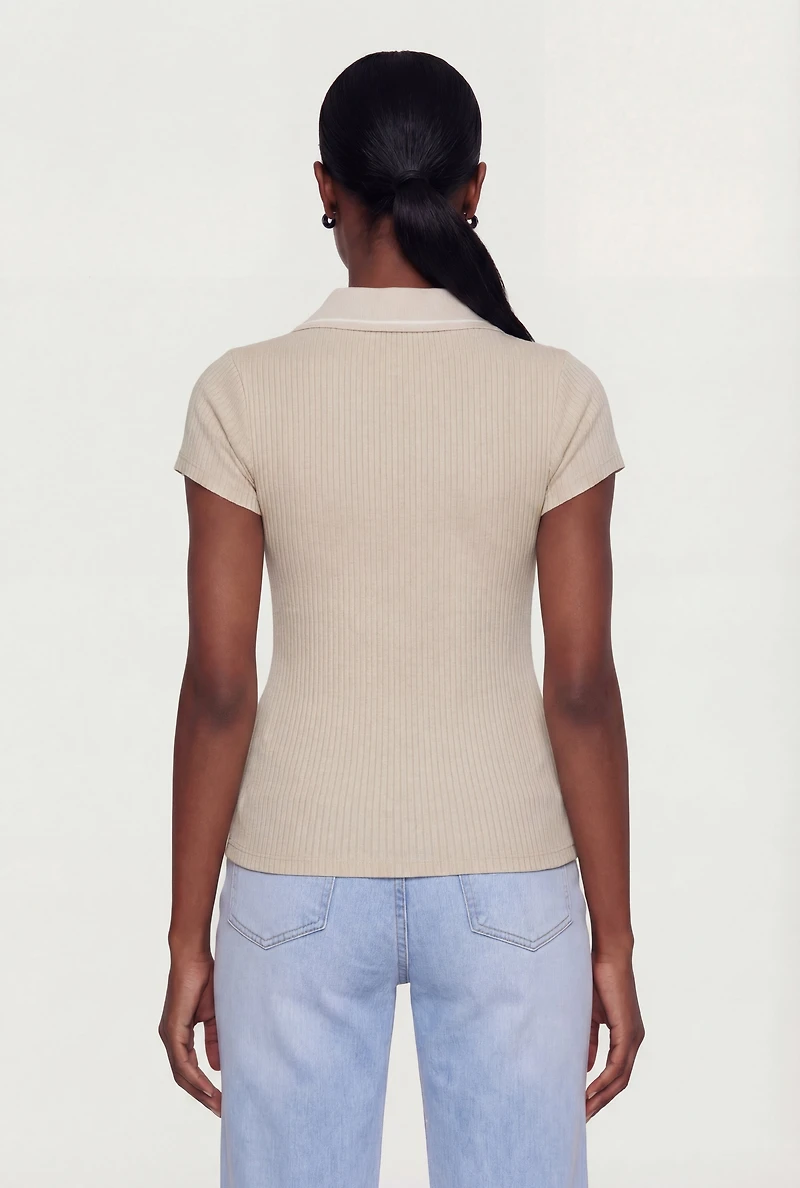Contrast Trim Rib Knit Polo Top