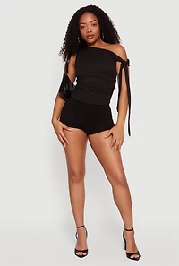 Tie Sleeve One Shoulder Side Ruched Blouse