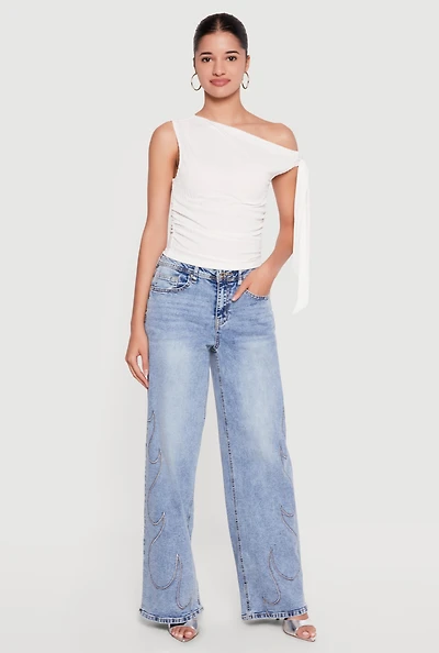 Tie Sleeve One Shoulder Side Ruched Blouse