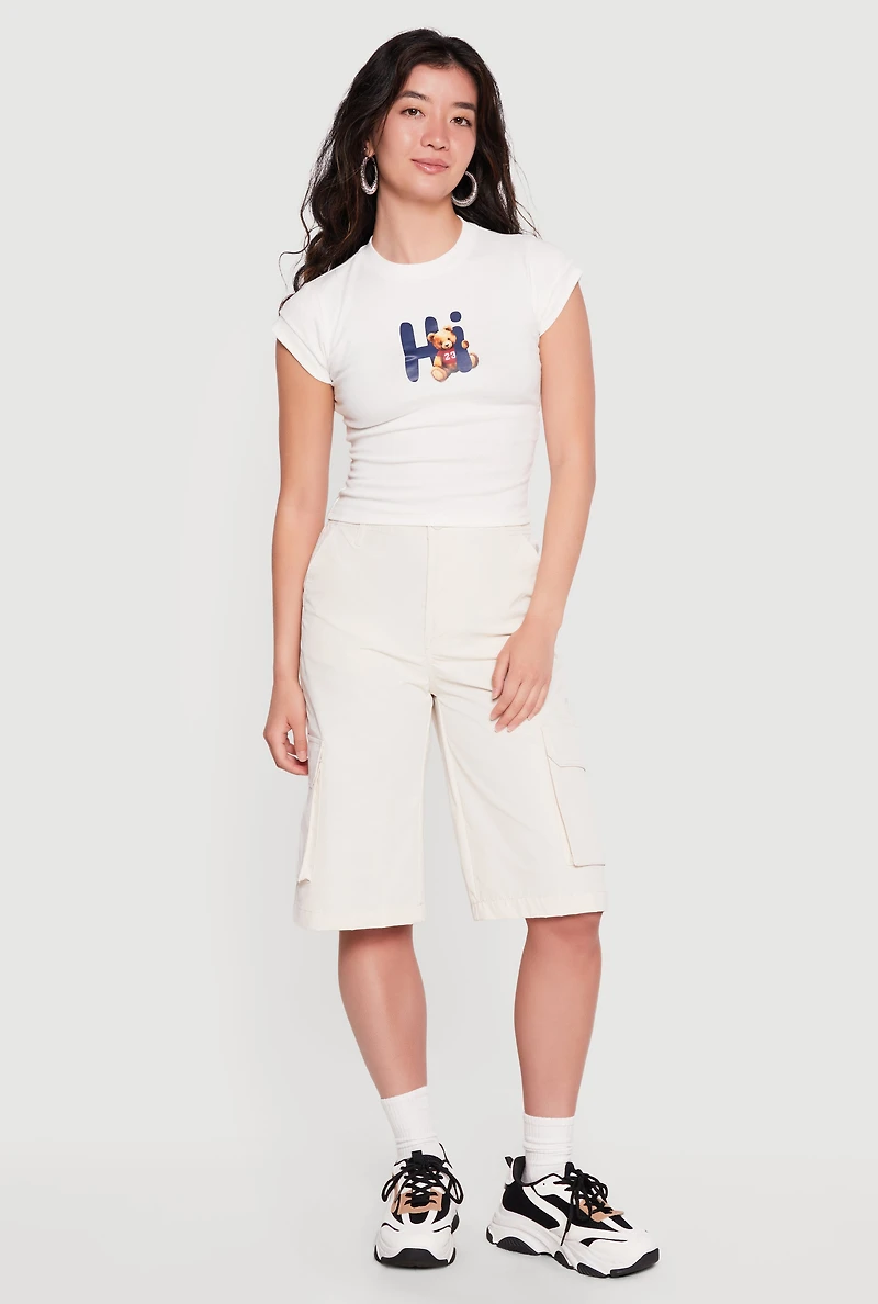 Hi Teddy Bear Graphic Crew Neck Cap Sleeve Tee