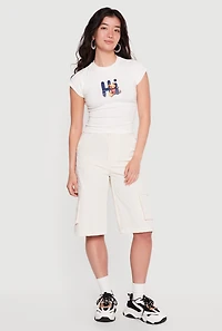 Hi Teddy Bear Graphic Crew Neck Cap Sleeve Tee