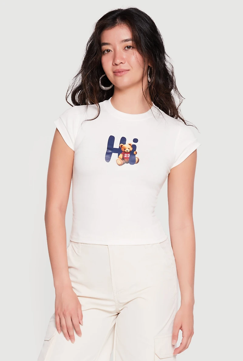 Hi Teddy Bear Graphic Crew Neck Cap Sleeve Tee