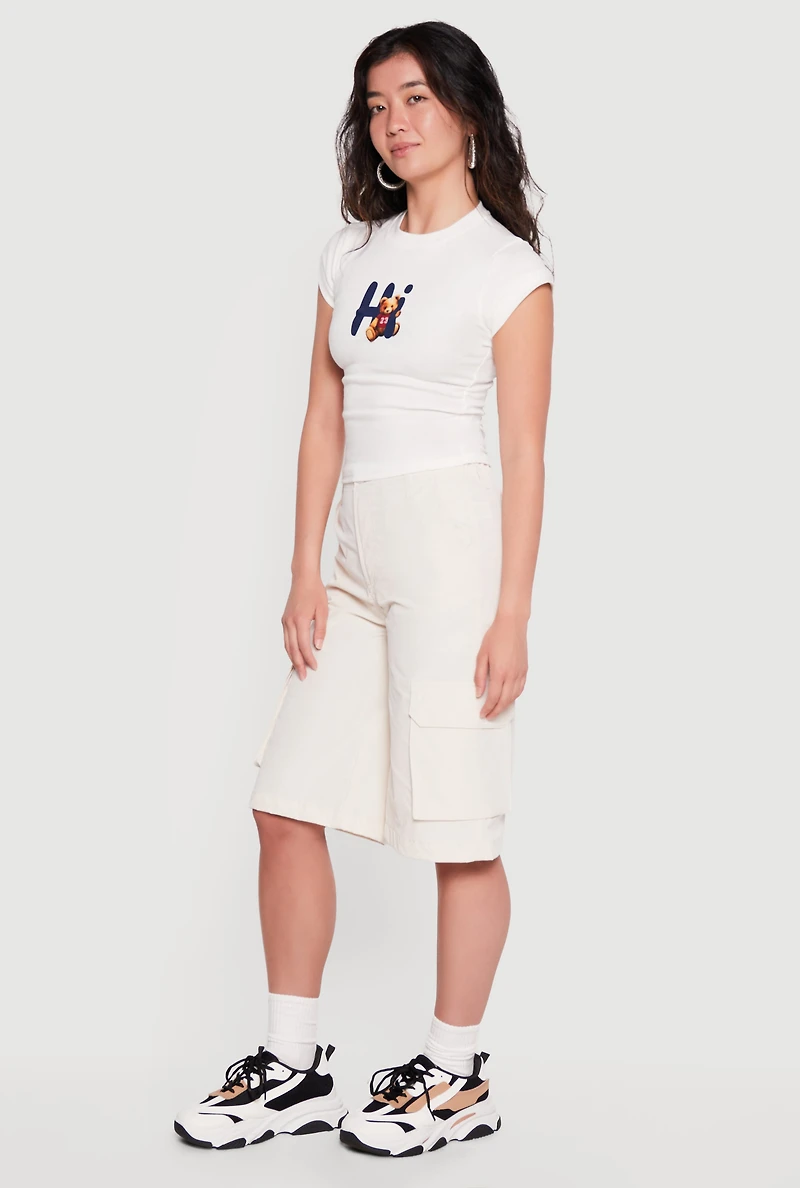 Hi Teddy Bear Graphic Crew Neck Cap Sleeve Tee