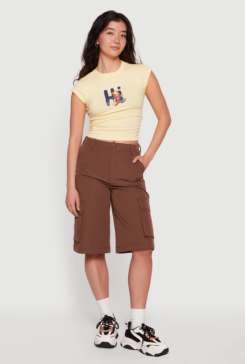 Hi Teddy Bear Graphic Crew Neck Cap Sleeve Tee