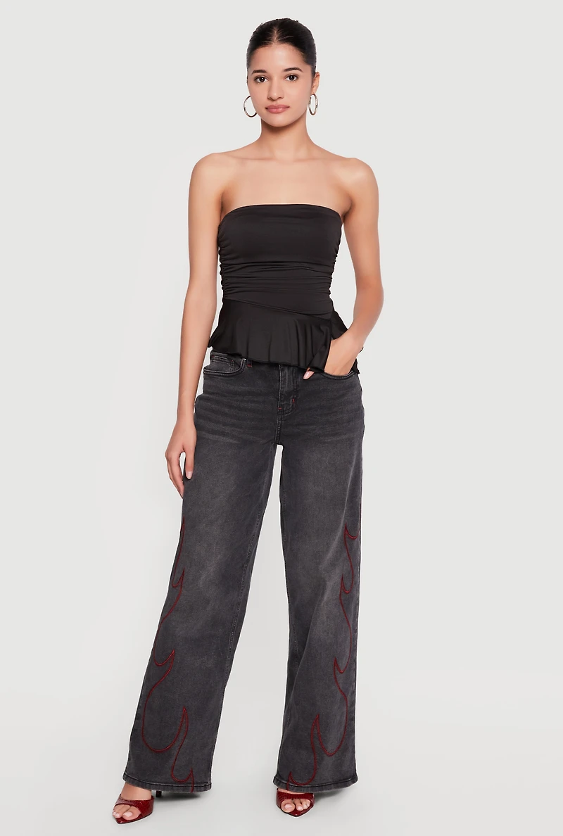 Side Ruched Ruffle Trim Peplum Crop Top