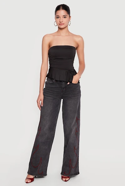 Side Ruched Ruffle Trim Peplum Crop Top