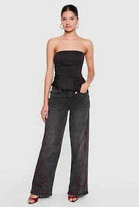 Side Ruched Ruffle Trim Peplum Crop Top