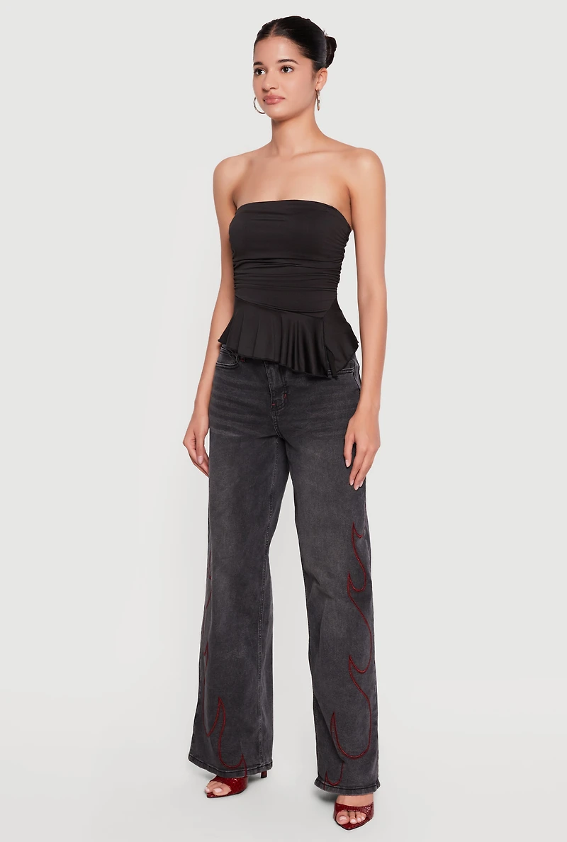 Side Ruched Ruffle Trim Peplum Crop Top