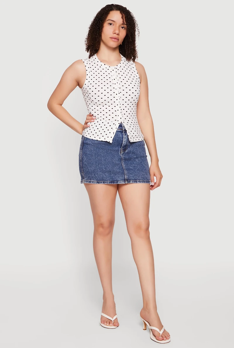 Sleeveless Polka Dot Button Front High Neck Top