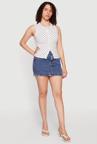 Sleeveless Polka Dot Button Front High Neck Top