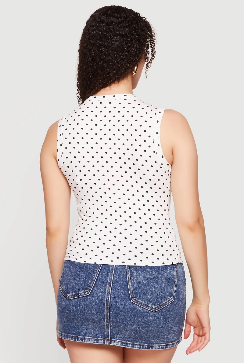 Sleeveless Polka Dot Button Front High Neck Top