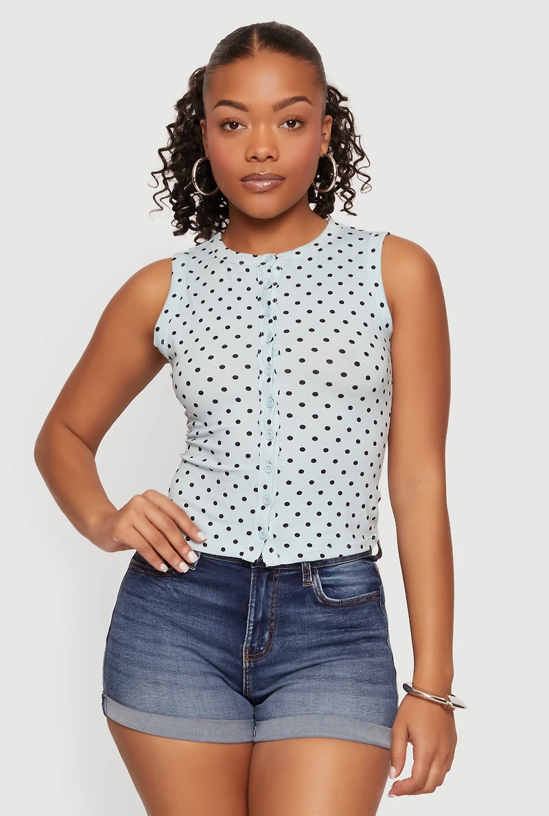 Sleeveless Polka Dot Button Front High Neck Top