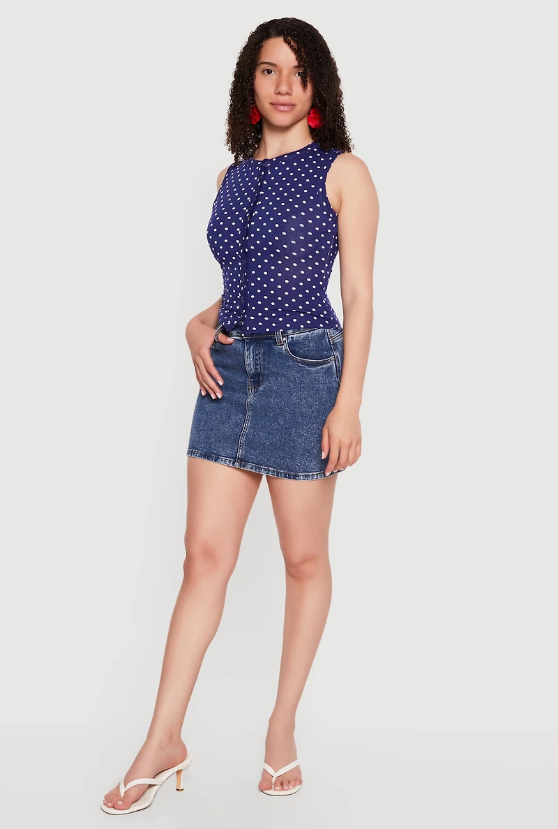 Sleeveless Polka Dot Button Front High Neck Top