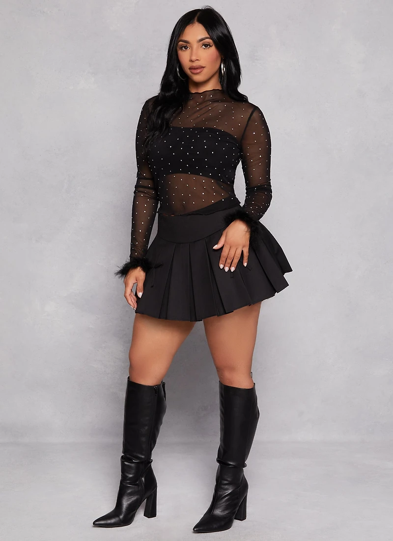 Feather Long Sleeve Rhinestone Mesh Crop Top