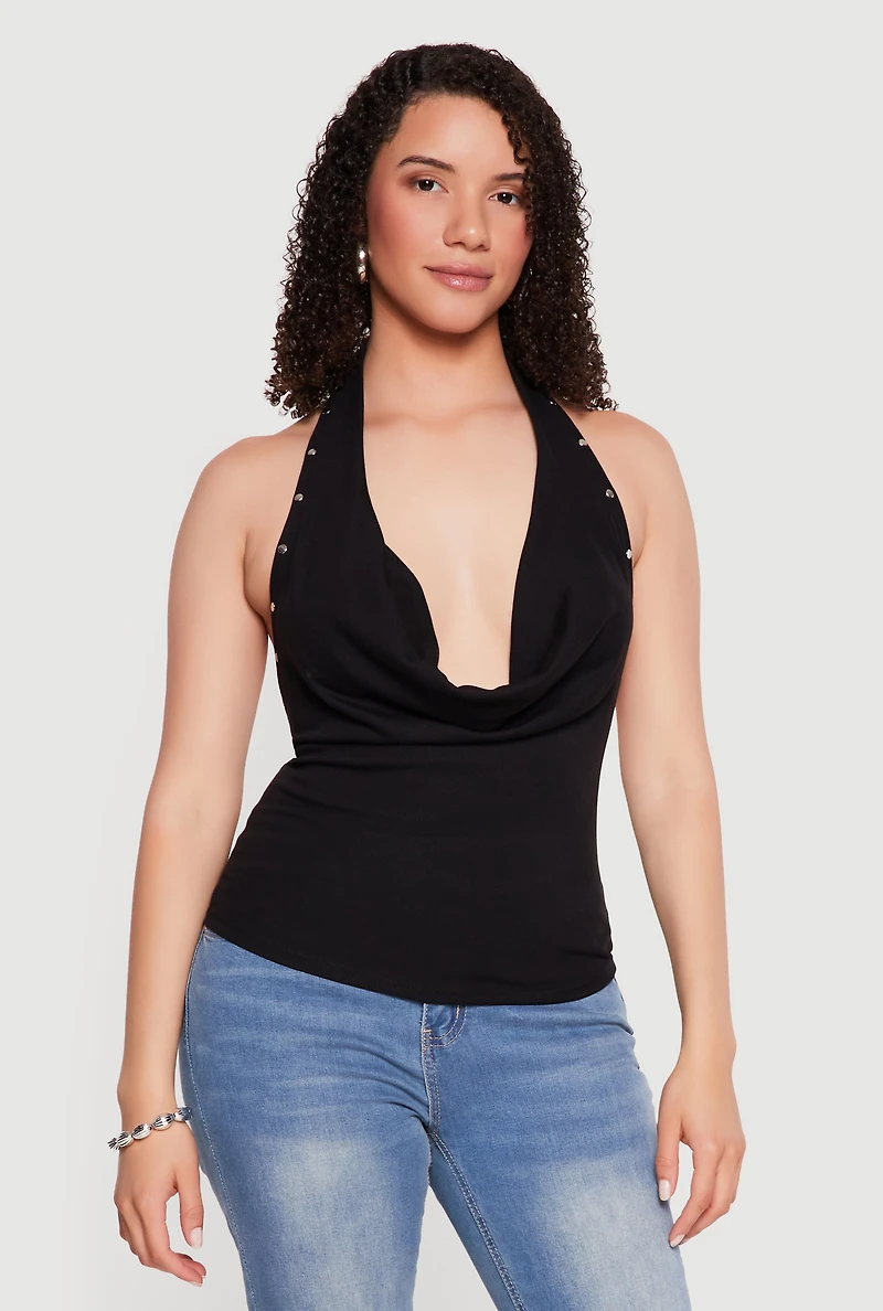 Backless Cowl Neck Studded Detail Halter Top