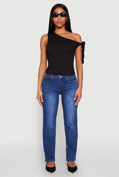 Textured Knit Tie Strap One Shoulder Top