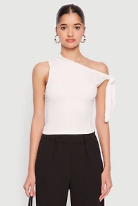 Womens Textured Knit Tie Strap One Shoulder Top, White, Size S