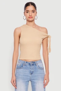 Womens Textured Knit Tie Strap One Shoulder Top, Beige, Size S