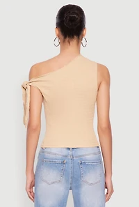 Womens Textured Knit Tie Strap One Shoulder Top, Beige, Size S