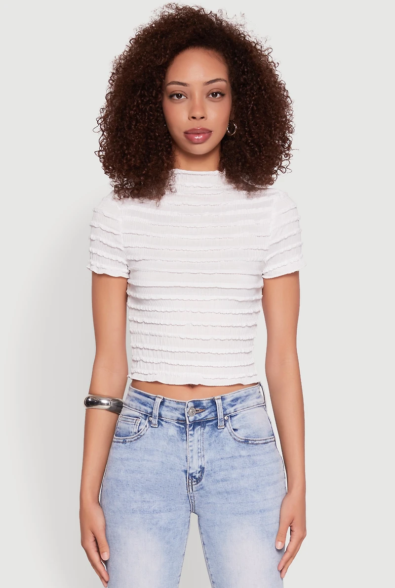 Womens Tiered Short Sleeve Top, White, Size M