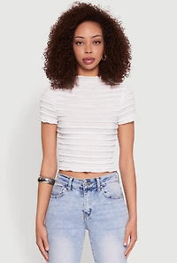 Womens Tiered Short Sleeve Top, White, Size M