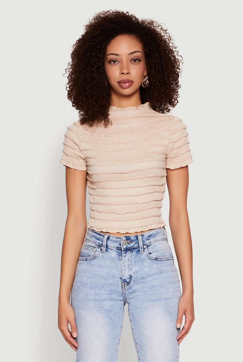 Womens Tiered Short Sleeve Top, Beige, Size L