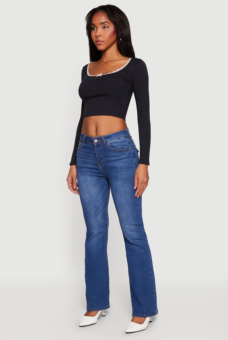 Lace Trim Long Sleeve Scoop Neck Crop Top