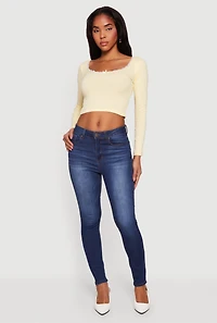 Lace Trim Long Sleeve Scoop Neck Crop Top