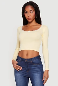 Lace Trim Long Sleeve Scoop Neck Crop Top