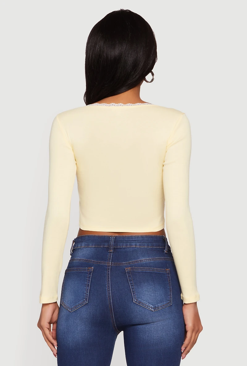 Lace Trim Long Sleeve Scoop Neck Crop Top