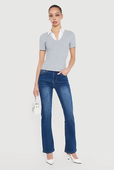 Layered Look Ribbed Knit Polo Top
