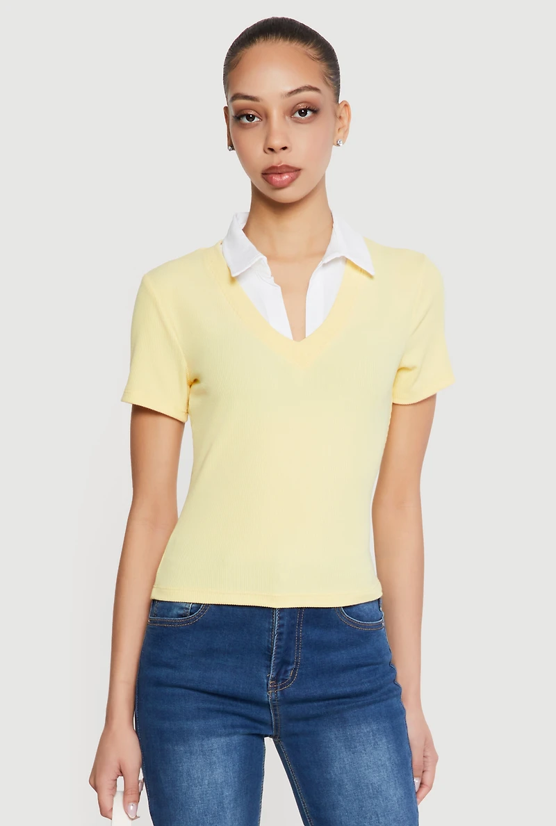 Layered Look Ribbed Knit Polo Top