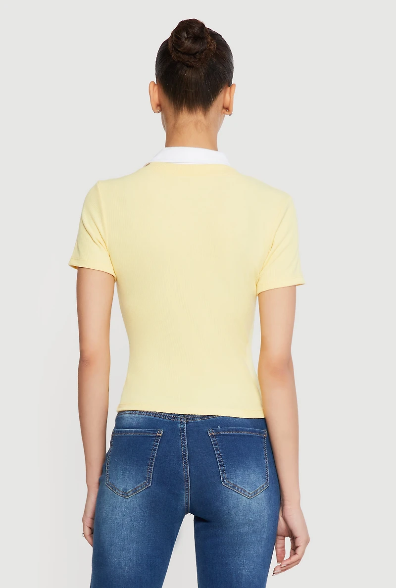 Layered Look Ribbed Knit Polo Top