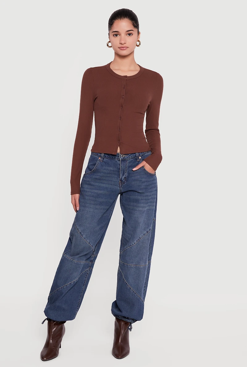 Ribbed Knit Button Front Long Sleeve Top