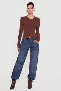 Ribbed Knit Button Front Long Sleeve Top