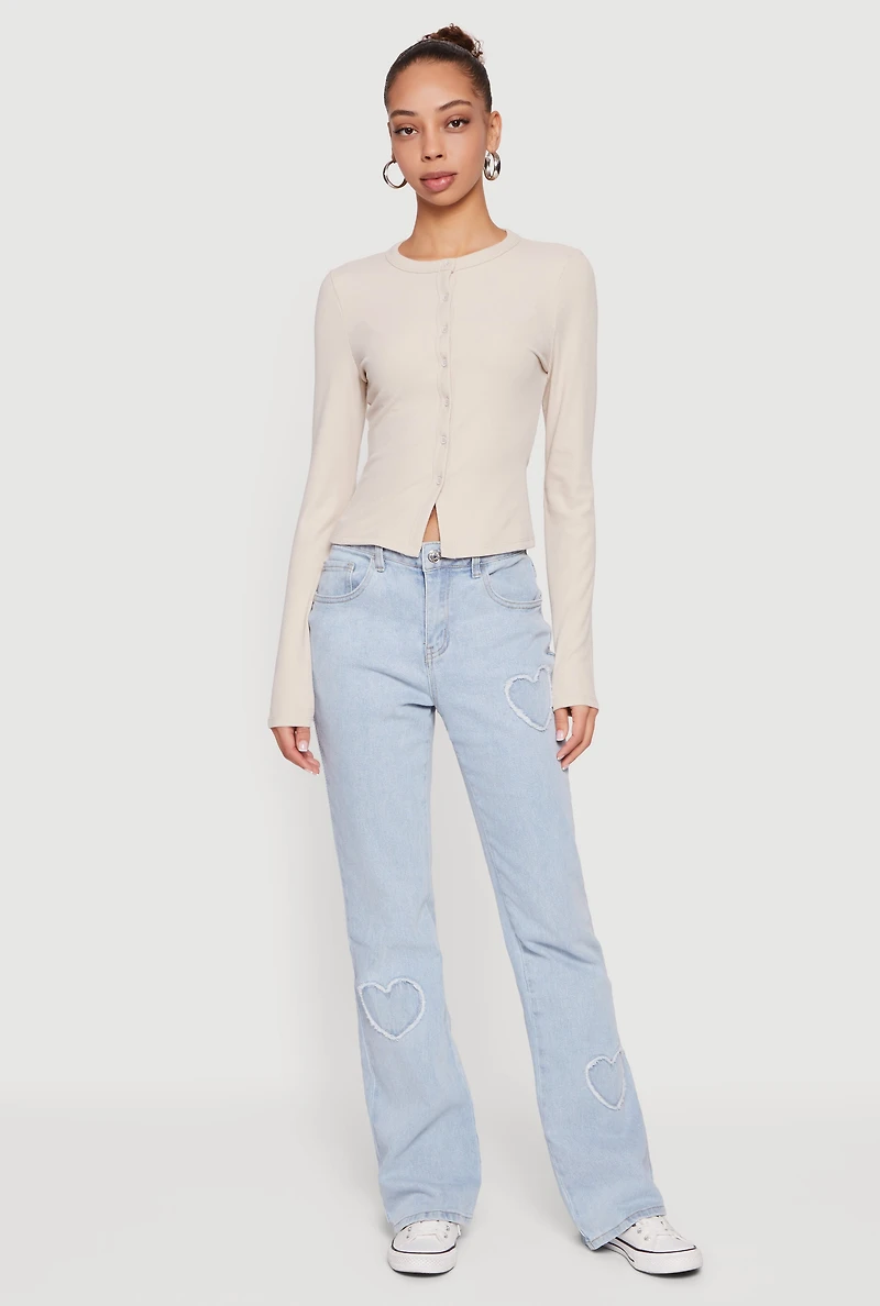Ribbed Knit Button Front Long Sleeve Top