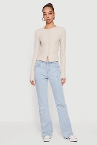Ribbed Knit Button Front Long Sleeve Top