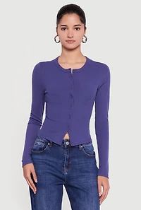 Ribbed Knit Button Front Long Sleeve Top