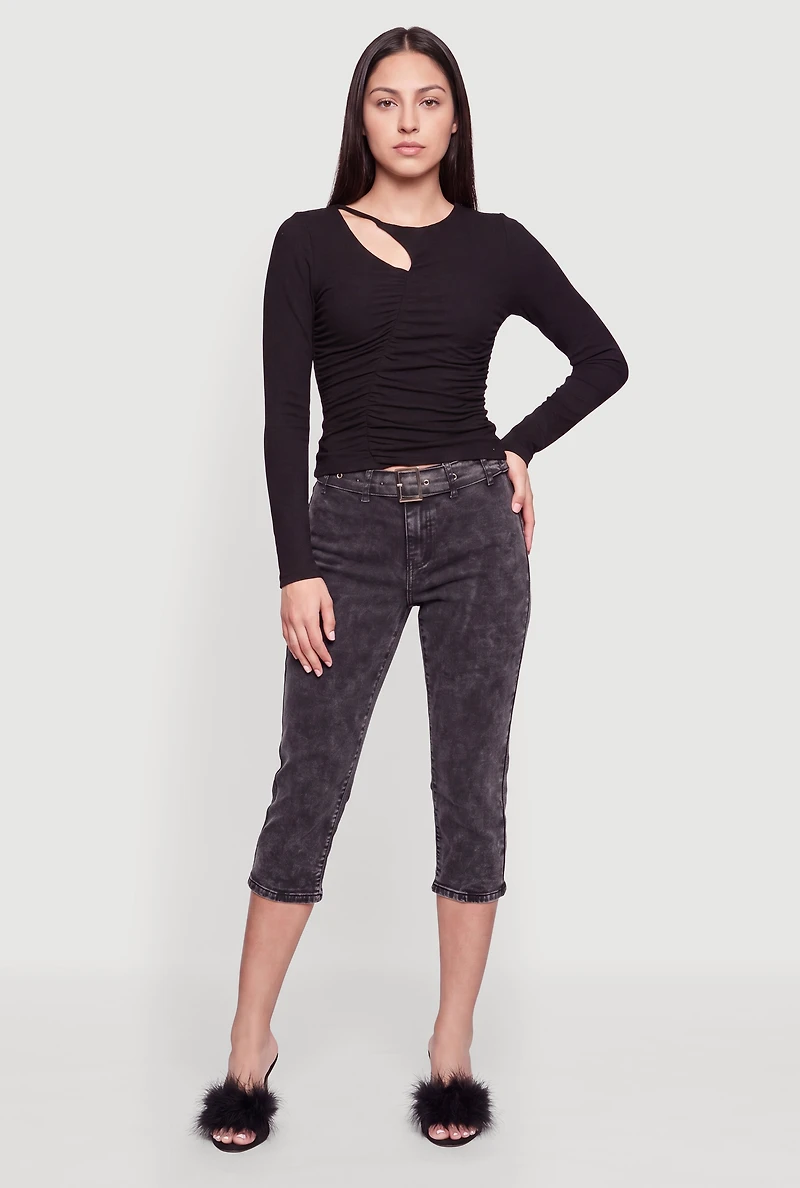 Keyhole Detail Ribbed Knit Long Sleeve Blouse