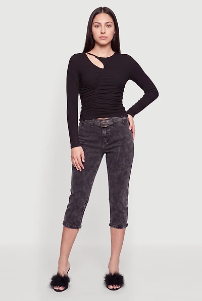 Keyhole Detail Ribbed Knit Long Sleeve Blouse