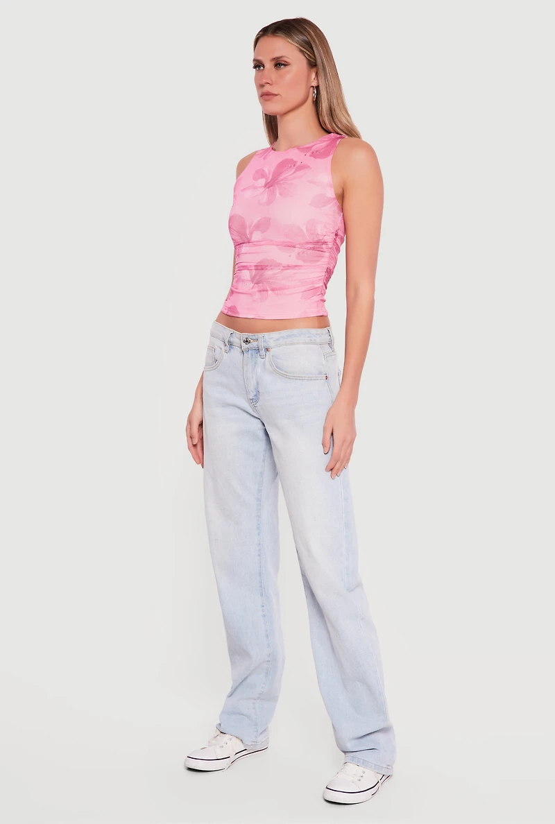 Sleeveless Floral Mesh High Neck Blouse