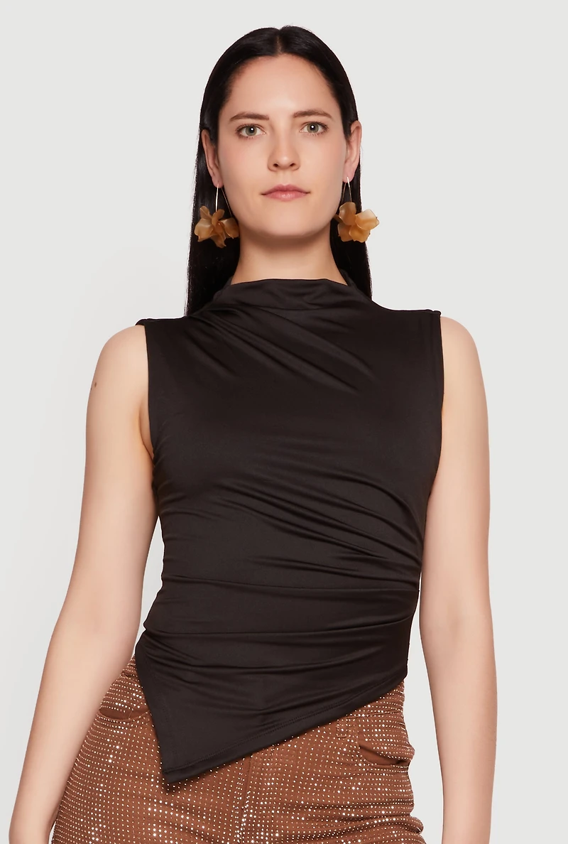 Sleeveless Asymmetrical Ruched Mock Neck Top