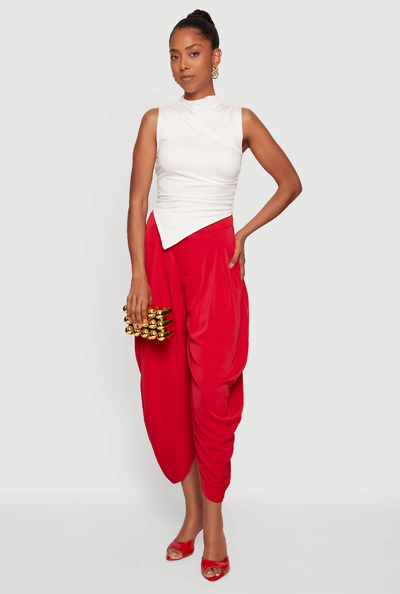 Sleeveless Asymmetrical Ruched Mock Neck Top