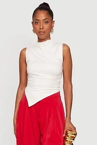 Sleeveless Asymmetrical Ruched Mock Neck Top