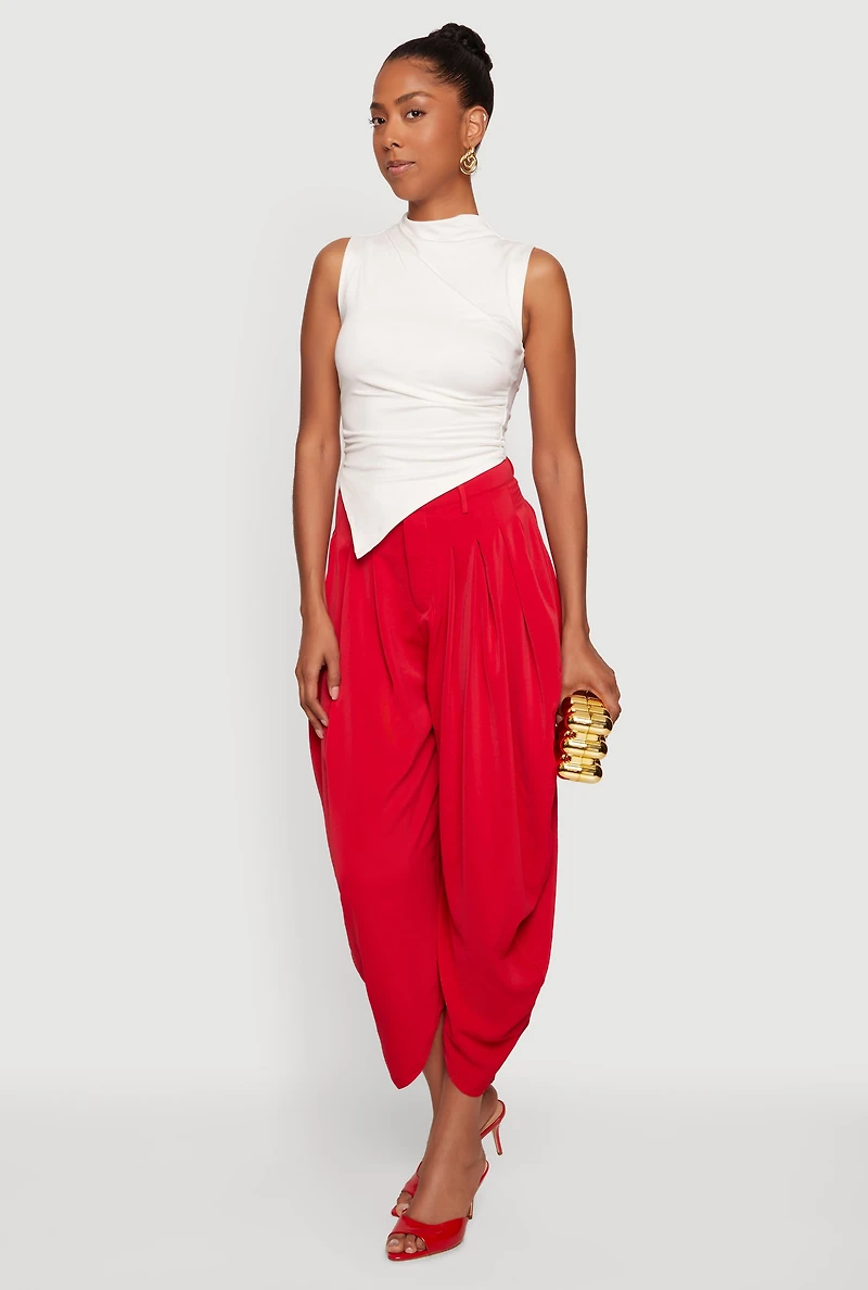 Sleeveless Asymmetrical Ruched Mock Neck Top