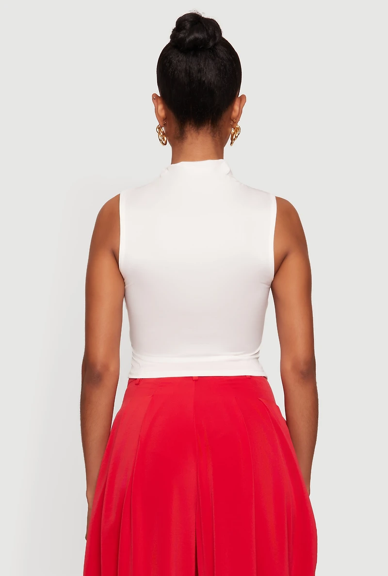 Sleeveless Asymmetrical Ruched Mock Neck Top