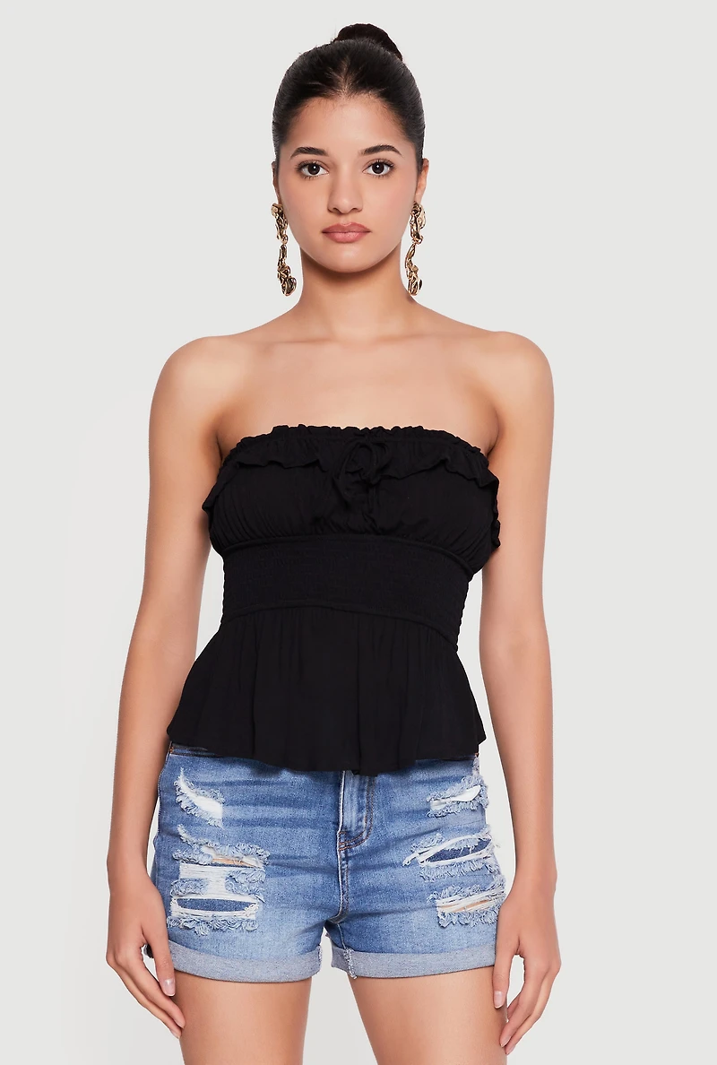 Gauze Knit Fold Over Peplum Tube Top
