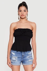 Gauze Knit Fold Over Peplum Tube Top